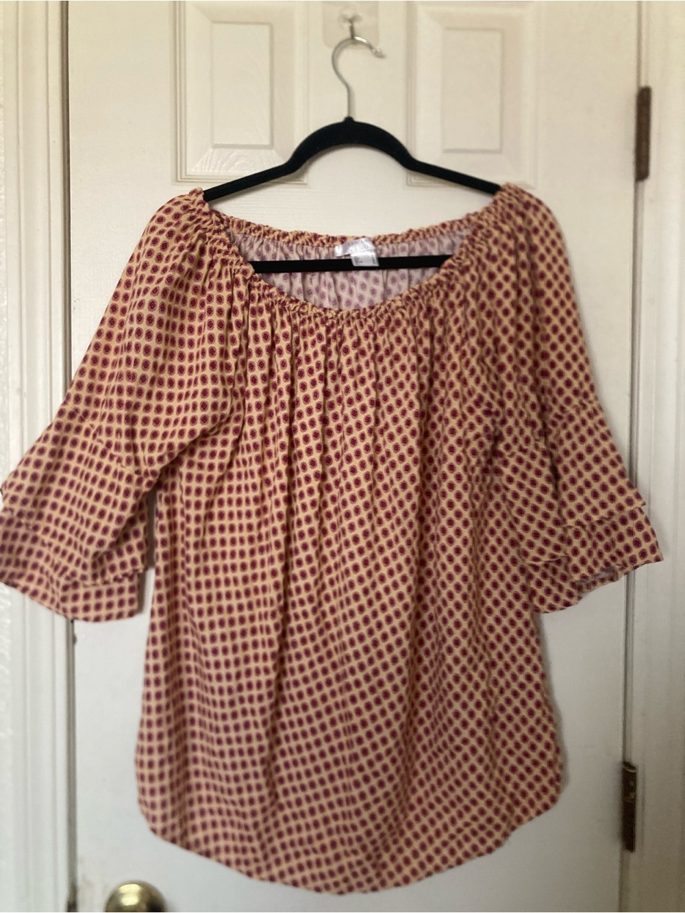 Boho Off-Shoulder Peasant Blouse in Beige with Burgundy Print